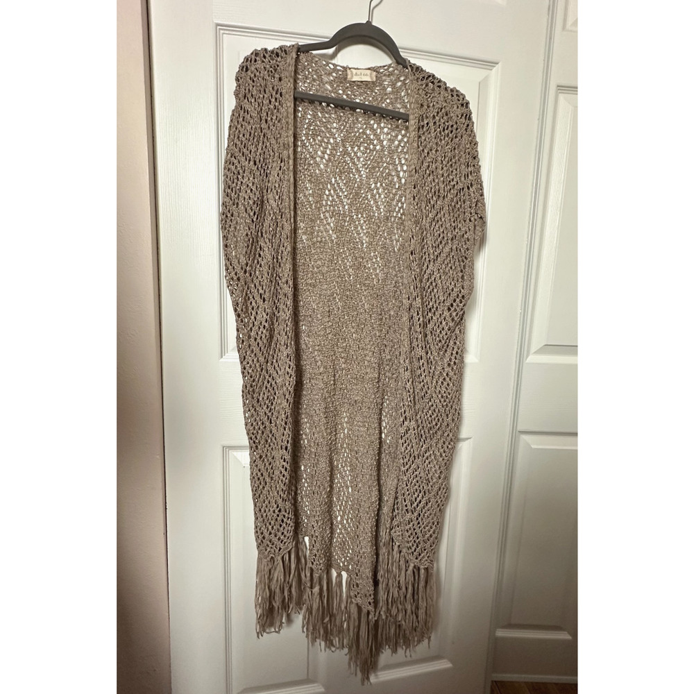 Altar'd State Womens Large Beige Open Knit Longline Duster Fringe Hem Vest Boho